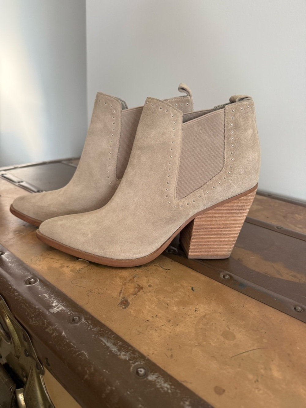 Marc Fisher Taupe Suede Ankle Booties with Stacked Heel